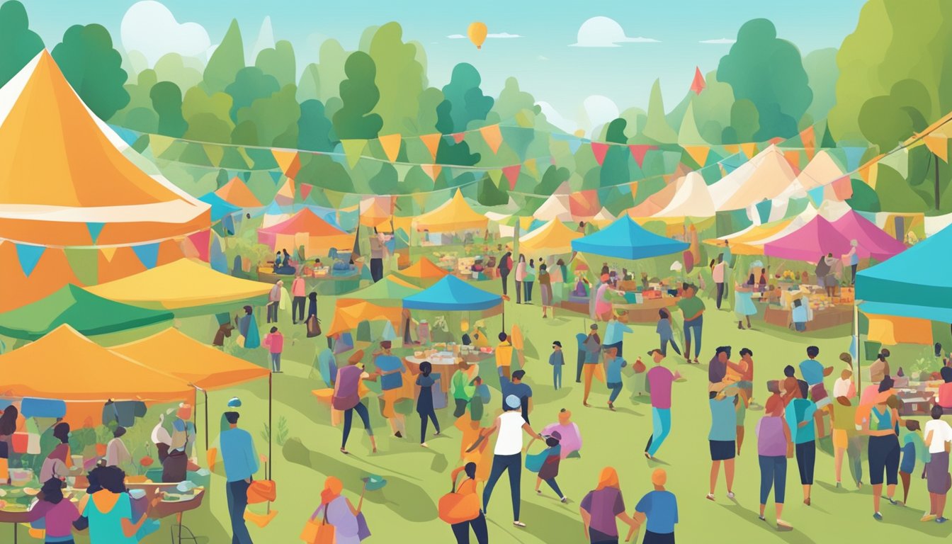 A bustling outdoor festival with colorful tents, food vendors, and lively music. People of all ages enjoy plant-based dishes and engage in eco-friendly activities