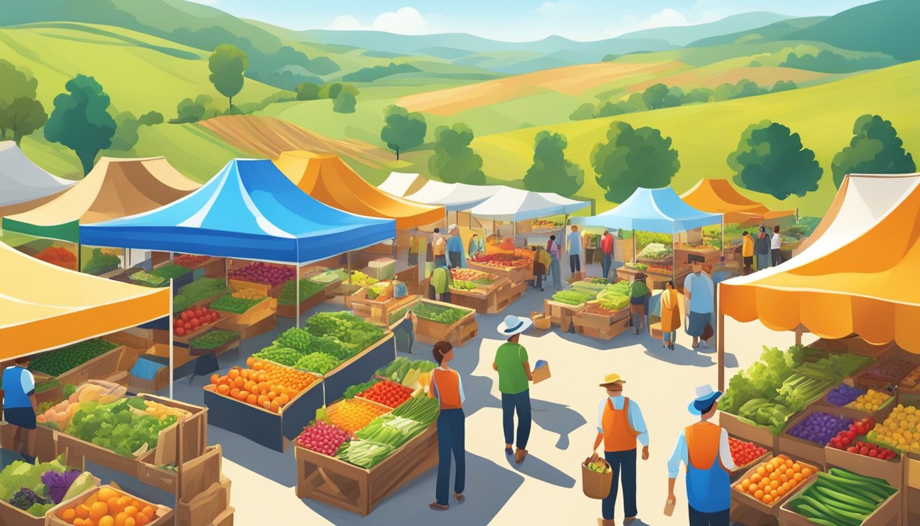 A vibrant farmers' market with colorful stalls and fresh produce, surrounded by rolling hills and sunny skies