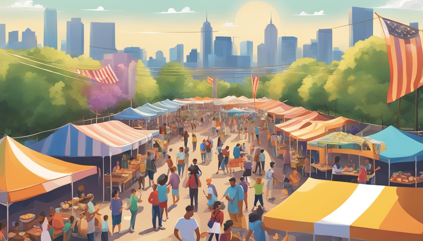 A bustling outdoor festival with food vendors, live music, and colorful banners, set against the backdrop of a sunny Texas day