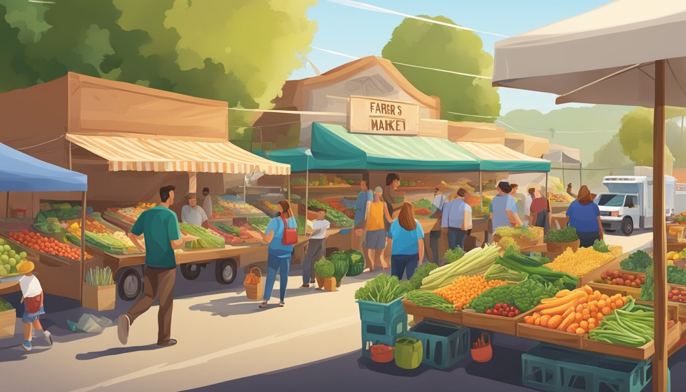 A bustling farmers' market with colorful displays of fresh produce and a food truck serving up mouthwatering tacos in California's agricultural heartland