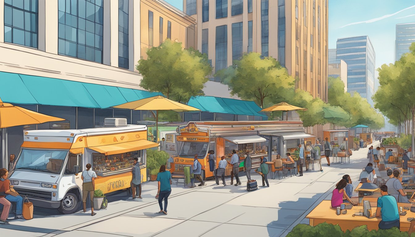 A bustling street lined with colorful taco trucks and bustling outdoor seating, surrounded by towering tech office buildings in Silicon Valley