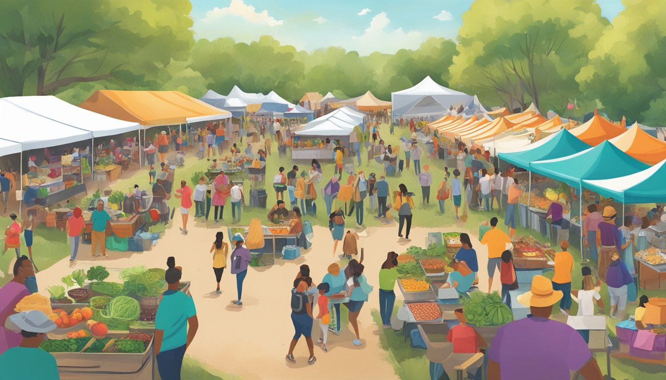 A bustling outdoor festival with colorful tents, food trucks, and a diverse crowd enjoying plant-based dishes and live music at the Texas Veggie Fair