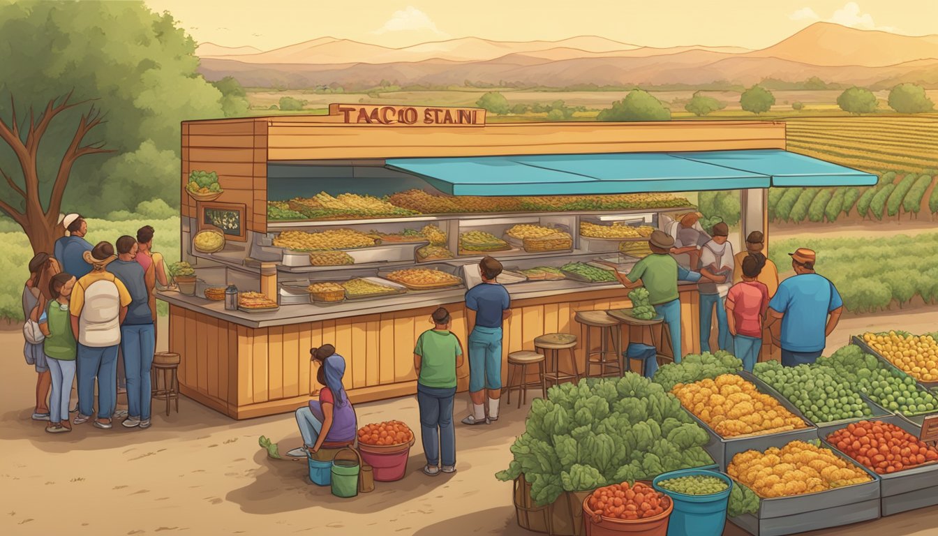 A bustling outdoor taco stand surrounded by fields of crops in California's agricultural heartland. Customers line up eagerly to order their favorite tacos