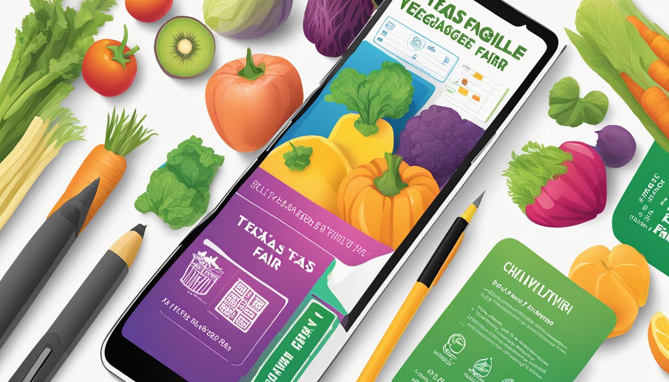 A colorful flyer with vibrant vegetables and fruits, a phone with the Texas Veggie Fair logo on the screen, and a table with a sign-up sheet and pens