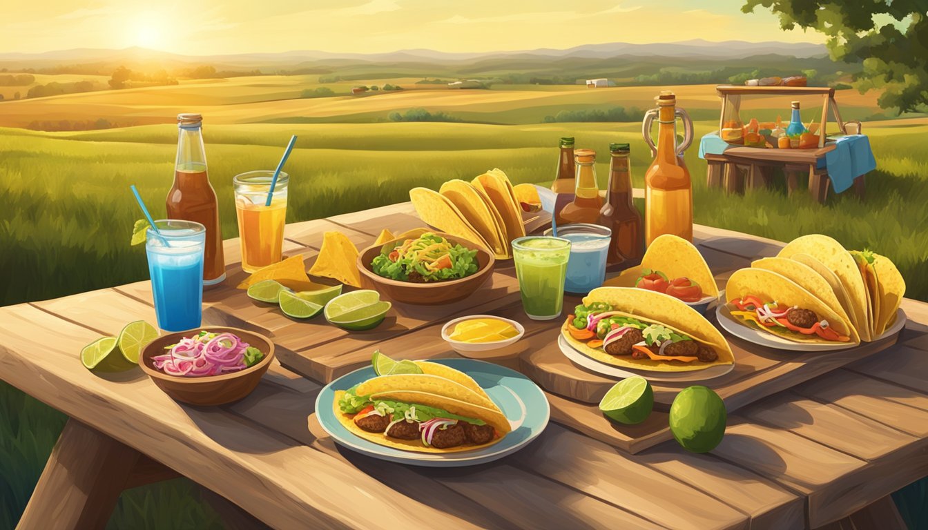 A rustic outdoor picnic table with a spread of colorful tacos and local beverages, set against a backdrop of rolling farmland and golden sunshine