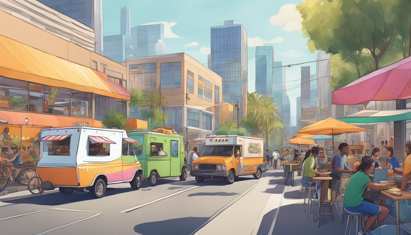 A bustling street lined with trendy taco trucks and hip taco shops, surrounded by modern office buildings and tech startups in Los Angeles