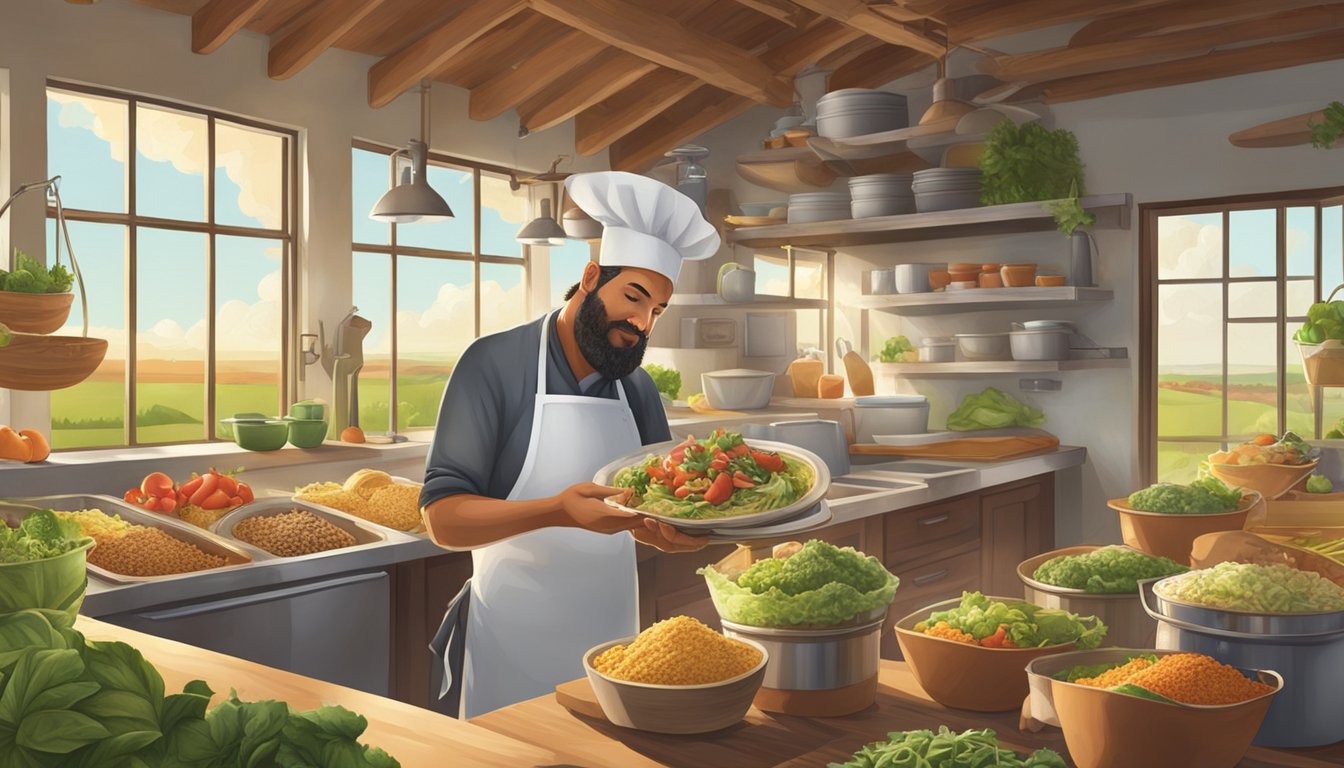 A chef uses locally sourced ingredients to prepare tacos in a bustling kitchen surrounded by fields and farms. Eco-friendly practices are evident in the compost bins and reusable utensils