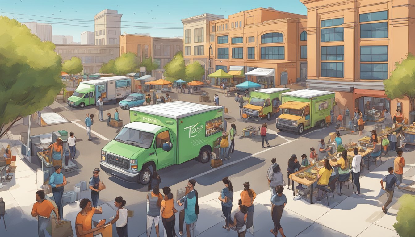 A bustling tech hub in California with modern taco trucks and lines of people waiting to try the latest fusion taco creations