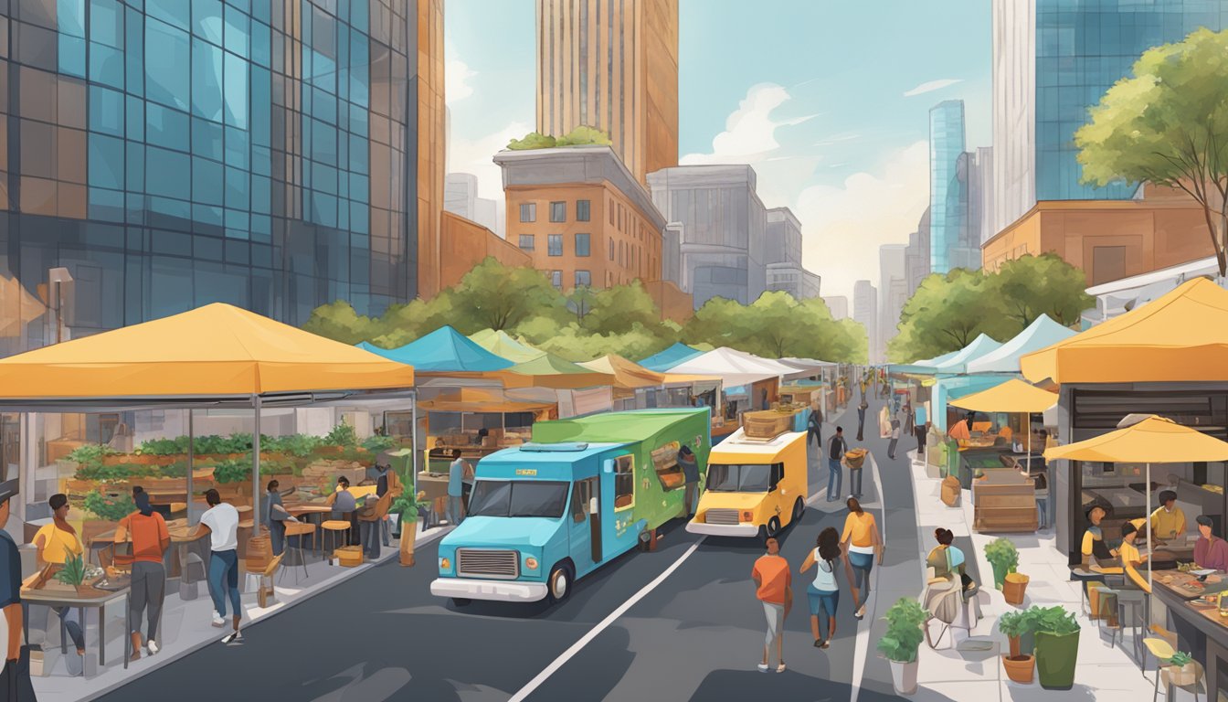 A bustling tech hub with food trucks serving sustainable tacos amidst a backdrop of modern buildings and bustling activity