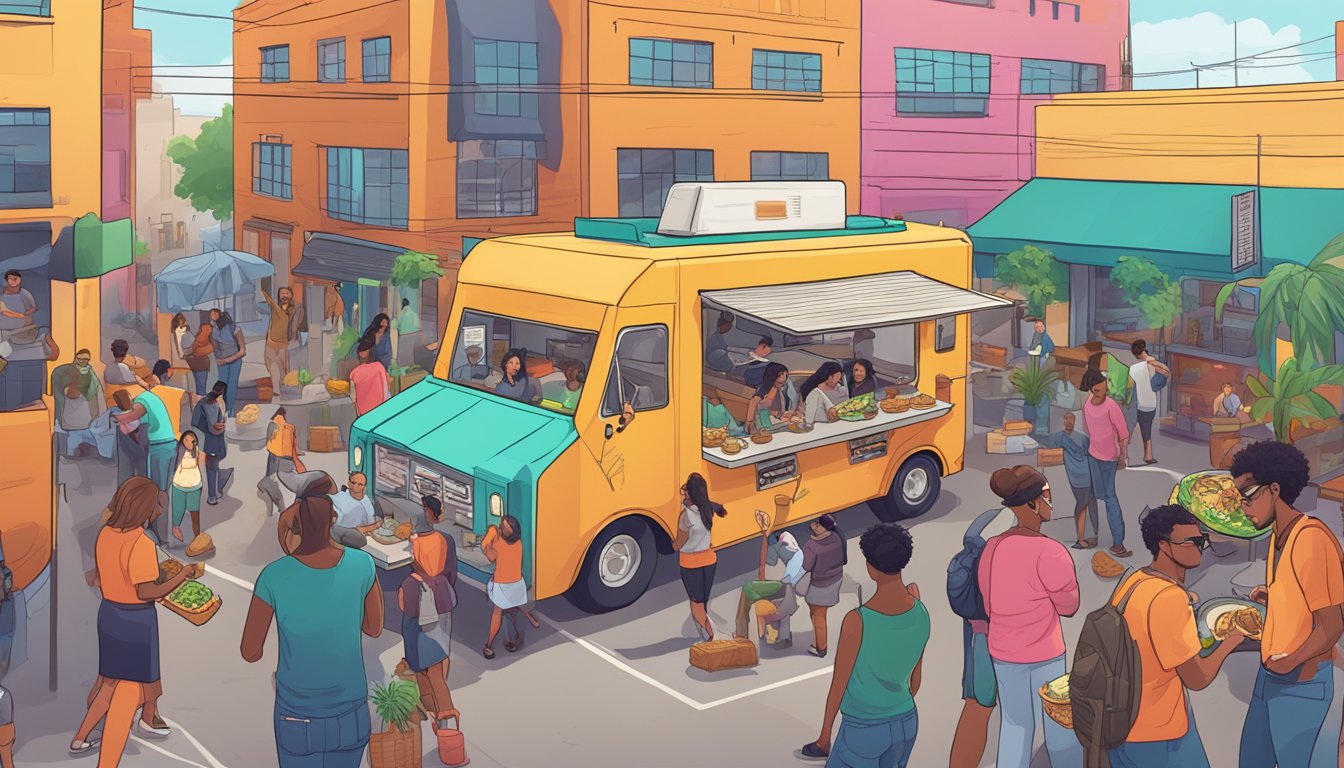 A bustling taco truck surrounded by a diverse group of people enjoying their tacos in a vibrant and lively tech hub community