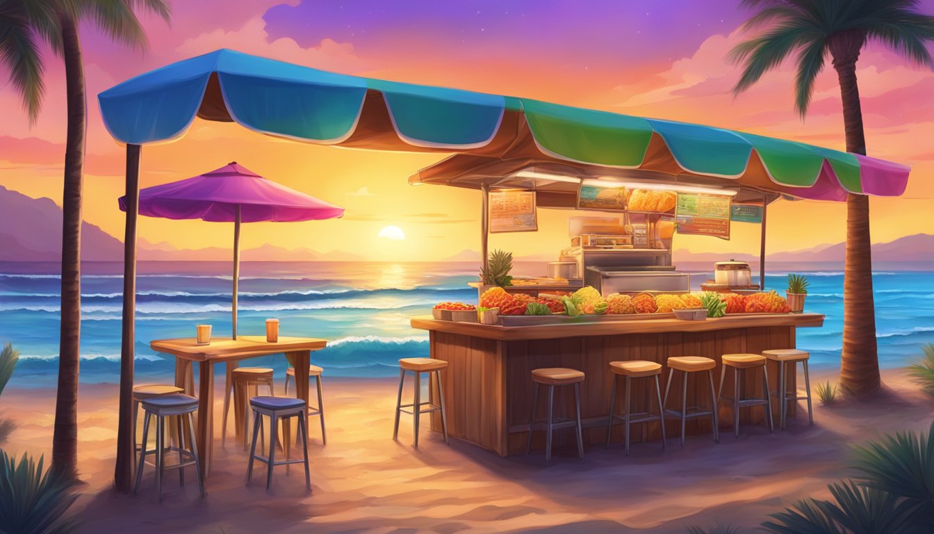 A colorful beachside taco stand with palm trees, surfboards, and a vibrant sunset over the Atlantic Ocean