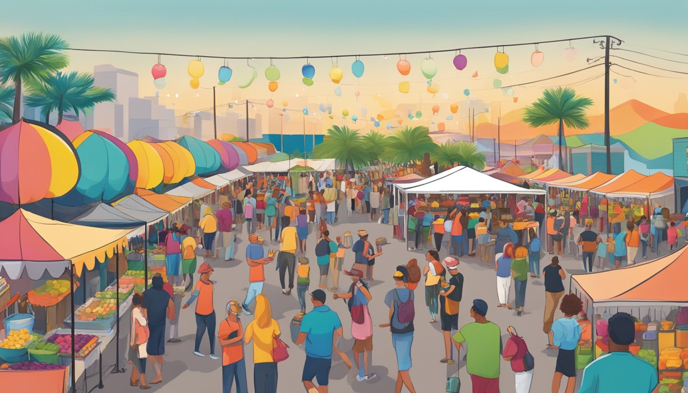 A bustling outdoor festival with rows of vendors offering wine and food tastings, live music, and colorful decorations in Corpus Christi, Texas