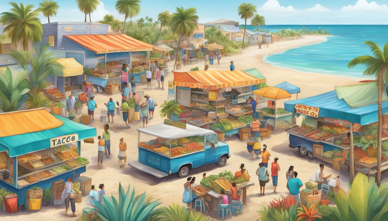 A vibrant beachside scene with a local fish market, colorful produce stands, and a bustling taco truck serving up fresh, authentic Florida tacos