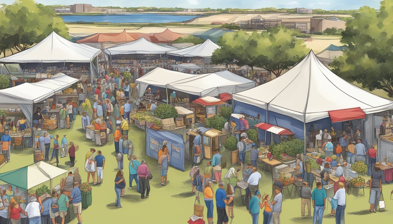 Crowds gather around booths serving wine and food at the Texas Wine and Food Festival in Corpus Christi. Tents and banners line the outdoor venue