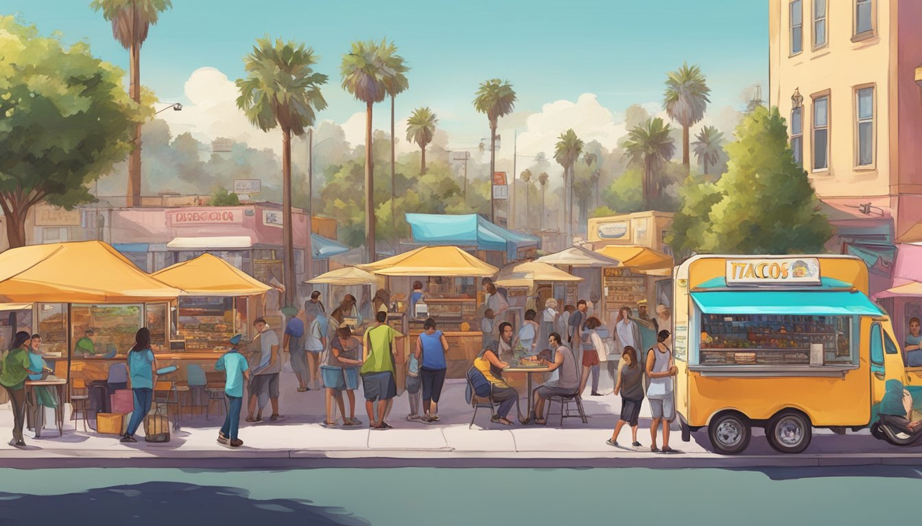 Colorful food trucks line a bustling street, serving up unique, fusion-style tacos to a diverse crowd in California's bohemian enclaves