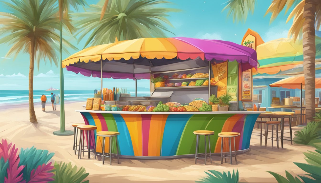 A colorful beachside taco stand with palm trees and surfboards, overlooking the Atlantic coast in a vibrant Florida surf town