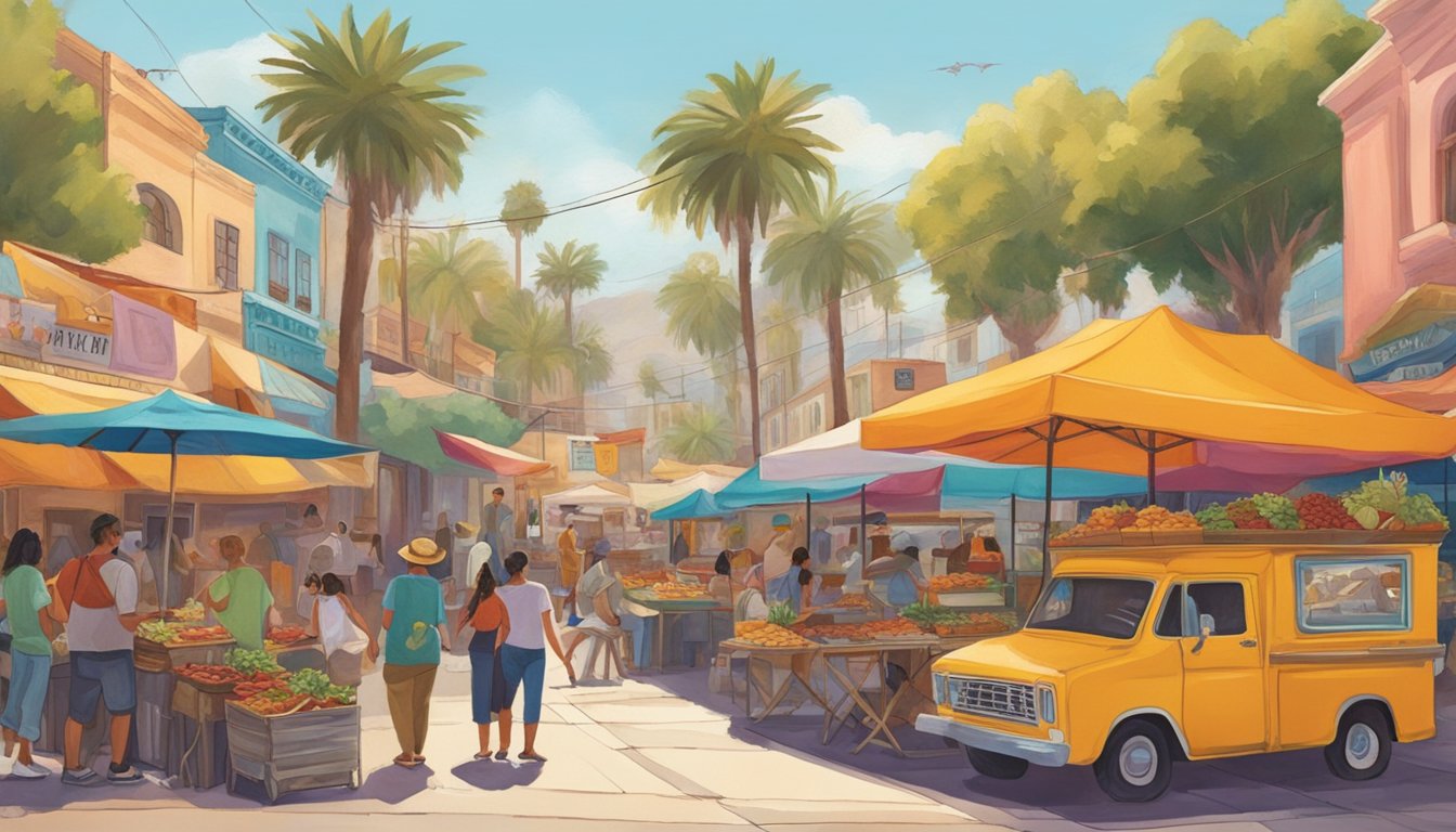 Vibrant street scene with colorful taco trucks and bustling outdoor markets in California's bohemian enclaves. Aromas of sizzling meats and spices fill the air