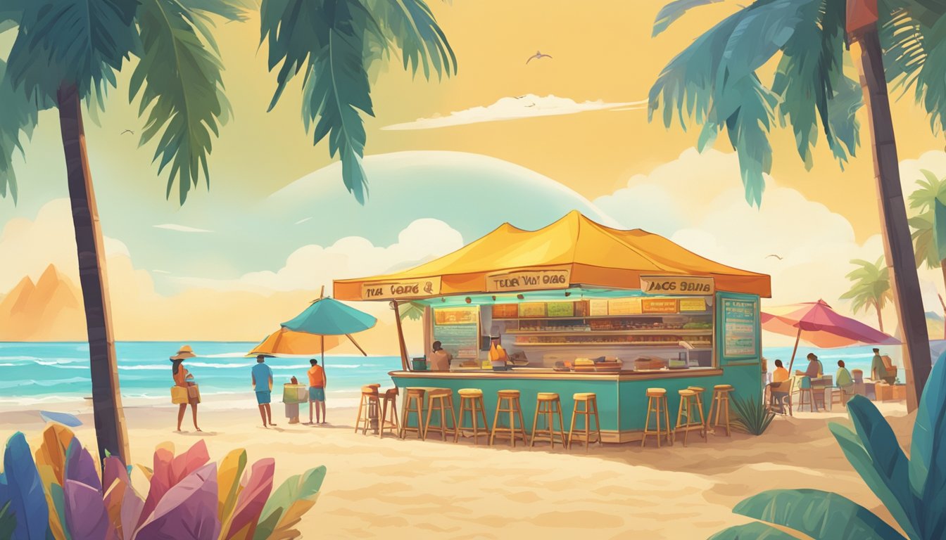 A colorful taco stand on a sunny beach, with surfboards leaning against the palm trees and a line of hungry beachgoers waiting for their delicious tacos