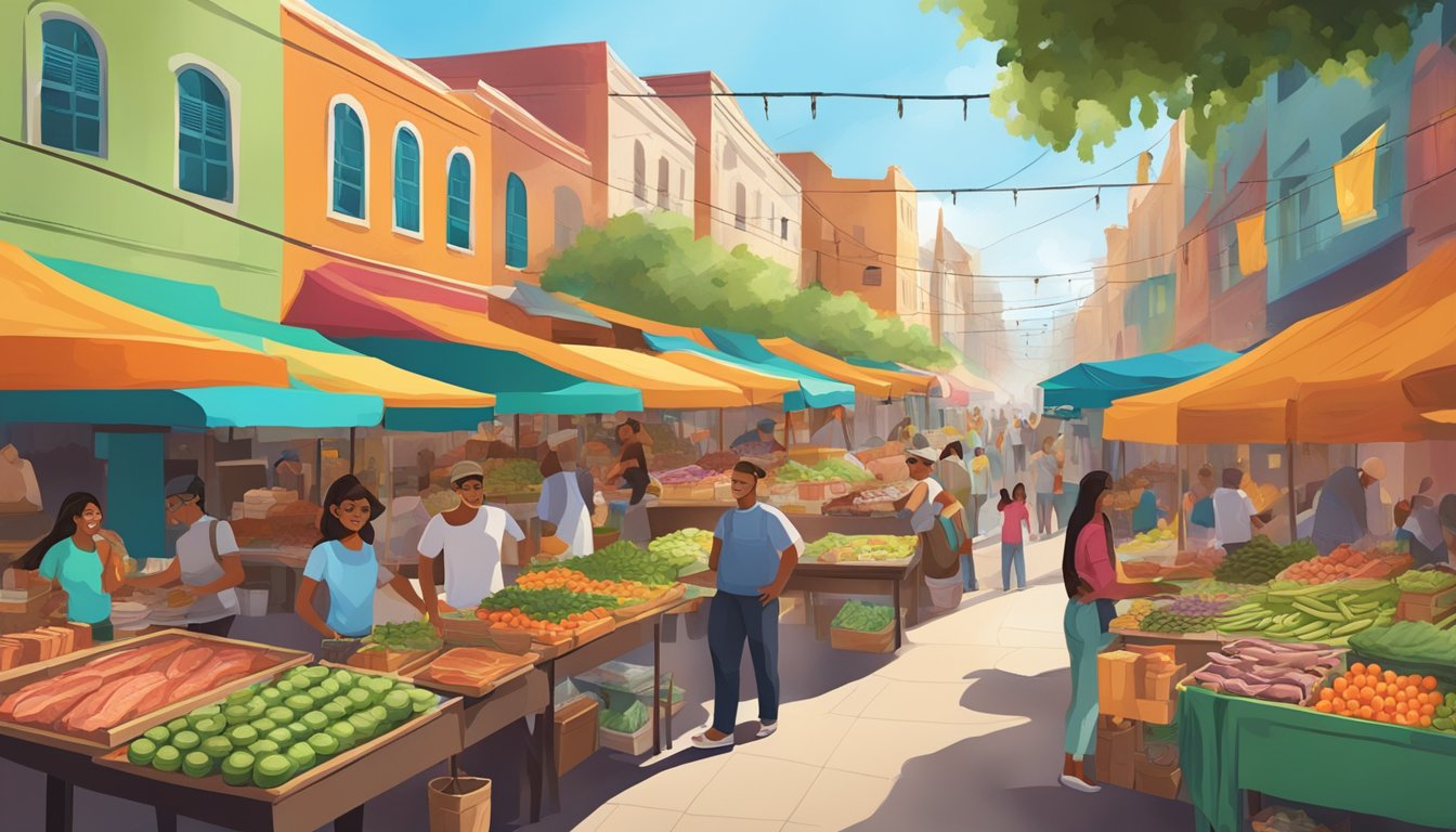 A bustling street market with colorful stalls selling fresh avocados, cilantro, and locally sourced meats, surrounded by vibrant murals and lively music