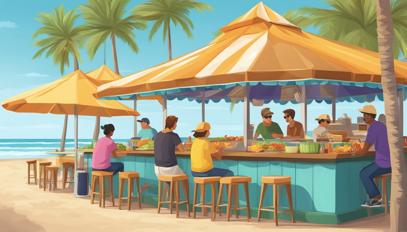 Colorful beachfront taco stands with palm trees, surfboards, and ocean views. Customers enjoy fresh seafood and spicy salsas at outdoor tables