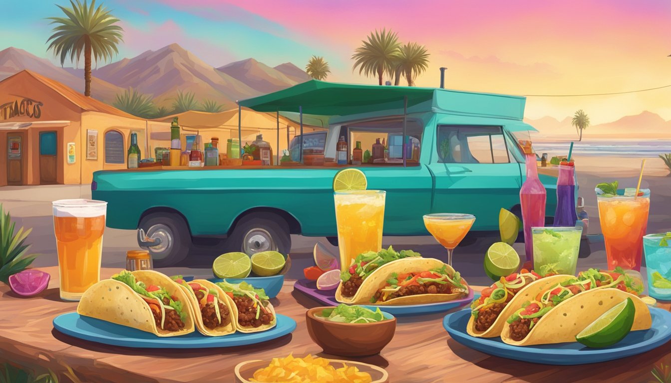 A colorful spread of tacos and assorted beverages set against a backdrop of California's bohemian enclaves