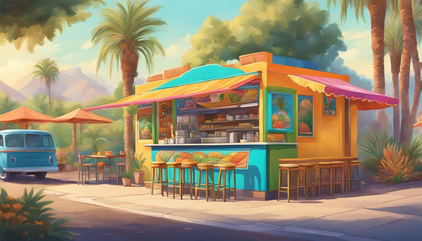 Colorful taco stand surrounded by palm trees and art murals in a vibrant California neighborhood