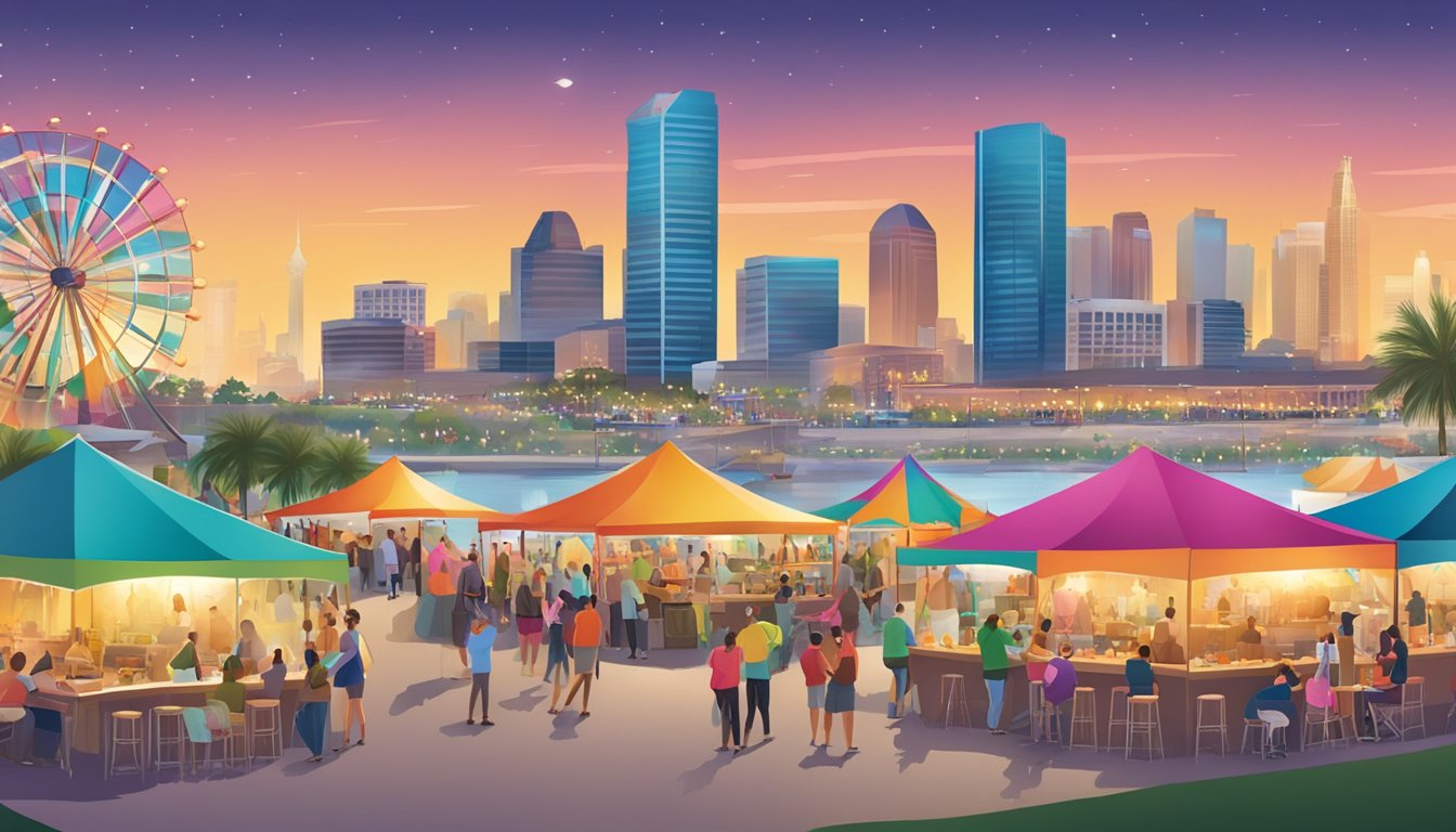 A bustling outdoor festival with colorful tents, wine tastings, and food vendors set against a backdrop of the Corpus Christi skyline