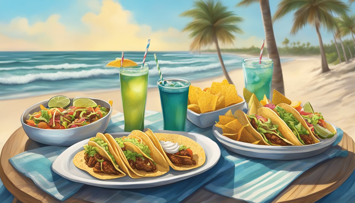 A beachside table with a variety of tacos and local beverages, set against the backdrop of Florida's Atlantic surf towns