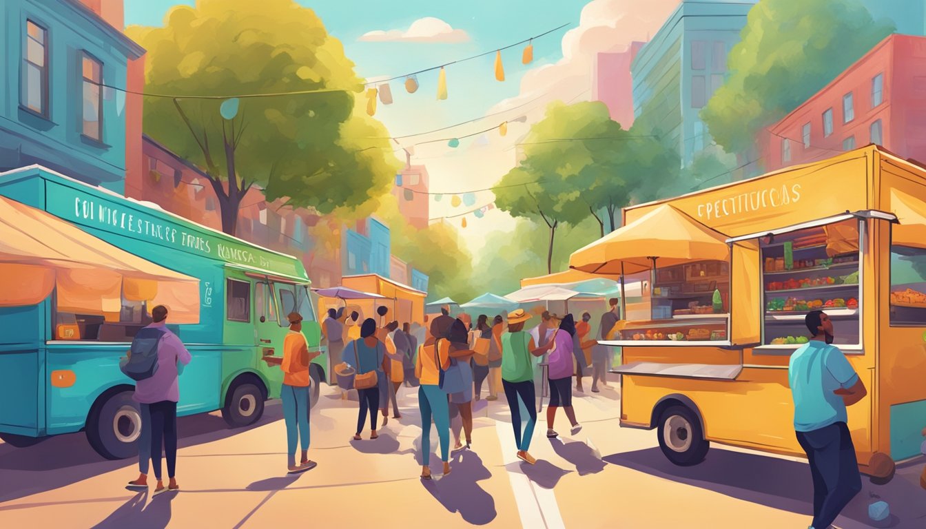 Colorful food trucks line a vibrant street, surrounded by eco-friendly packaging and compost bins. A diverse crowd enjoys tacos in a lively, bohemian atmosphere