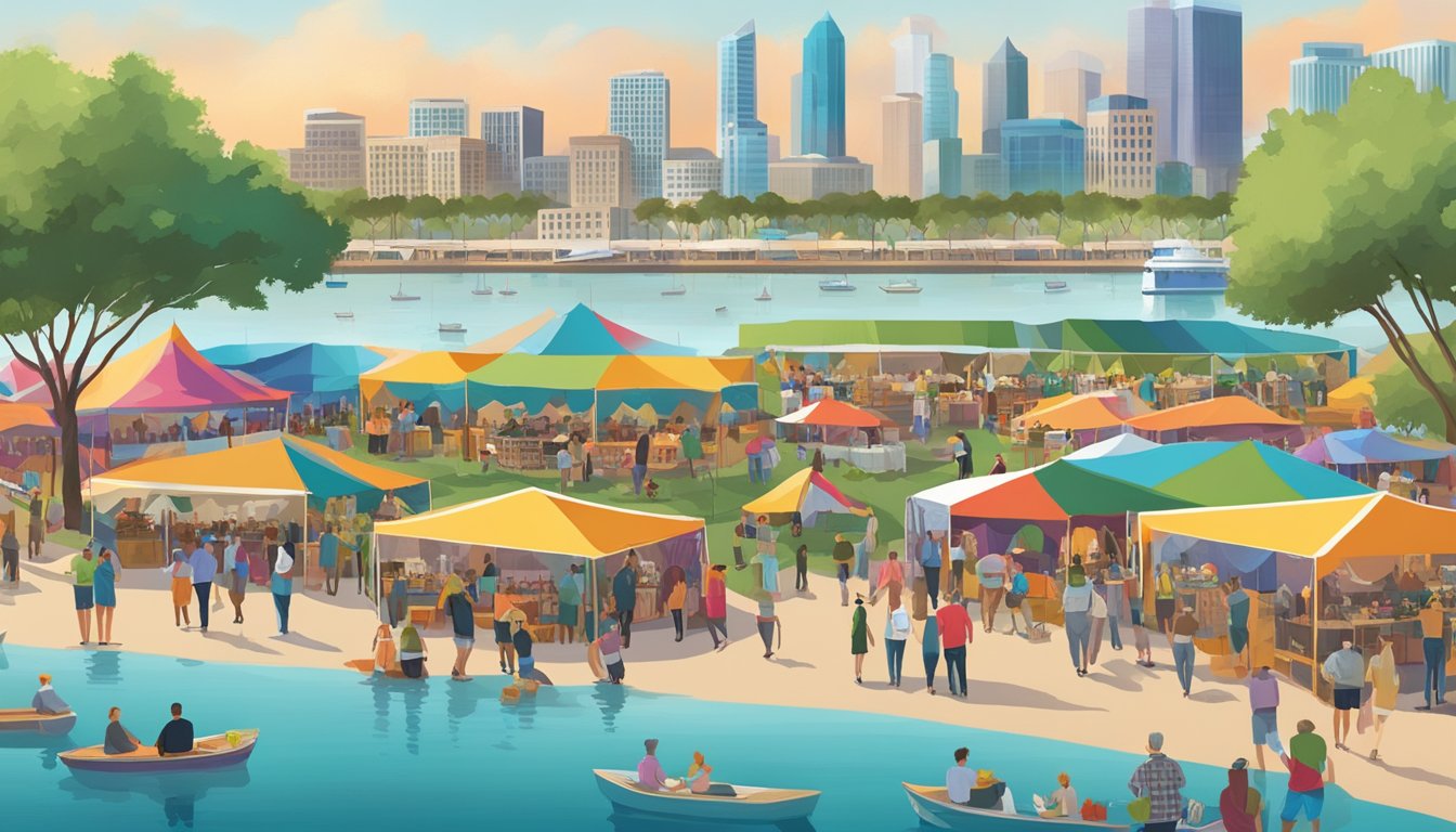 A bustling outdoor festival with colorful tents and banners, people sampling wine and food, live music, and a scenic waterfront backdrop in Corpus Christi, Texas