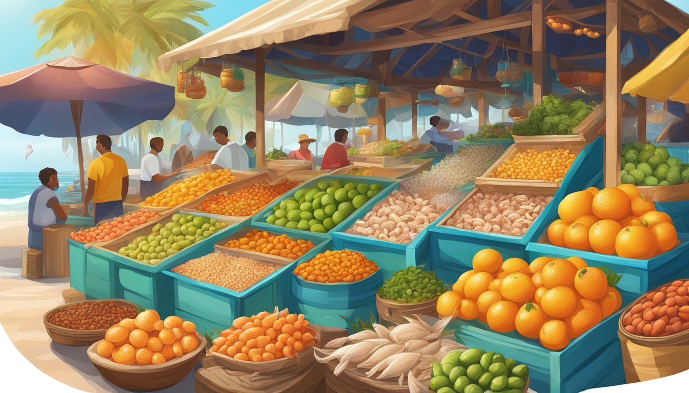 A colorful market stall with fresh seafood, citrus fruits, and vibrant spices, surrounded by a mix of diverse Floridian cultures