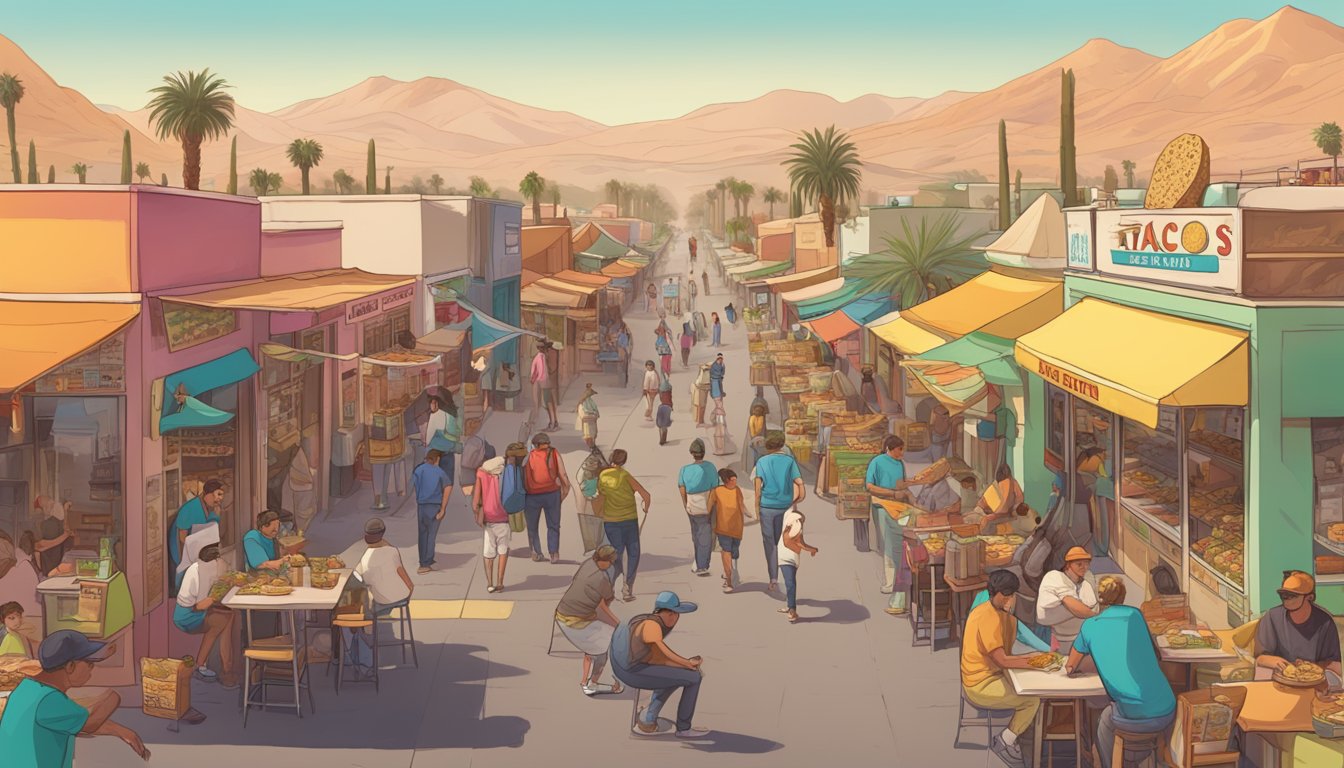 A bustling desert city street lined with colorful taco stands, with locals and tourists alike enjoying the best tacos in California