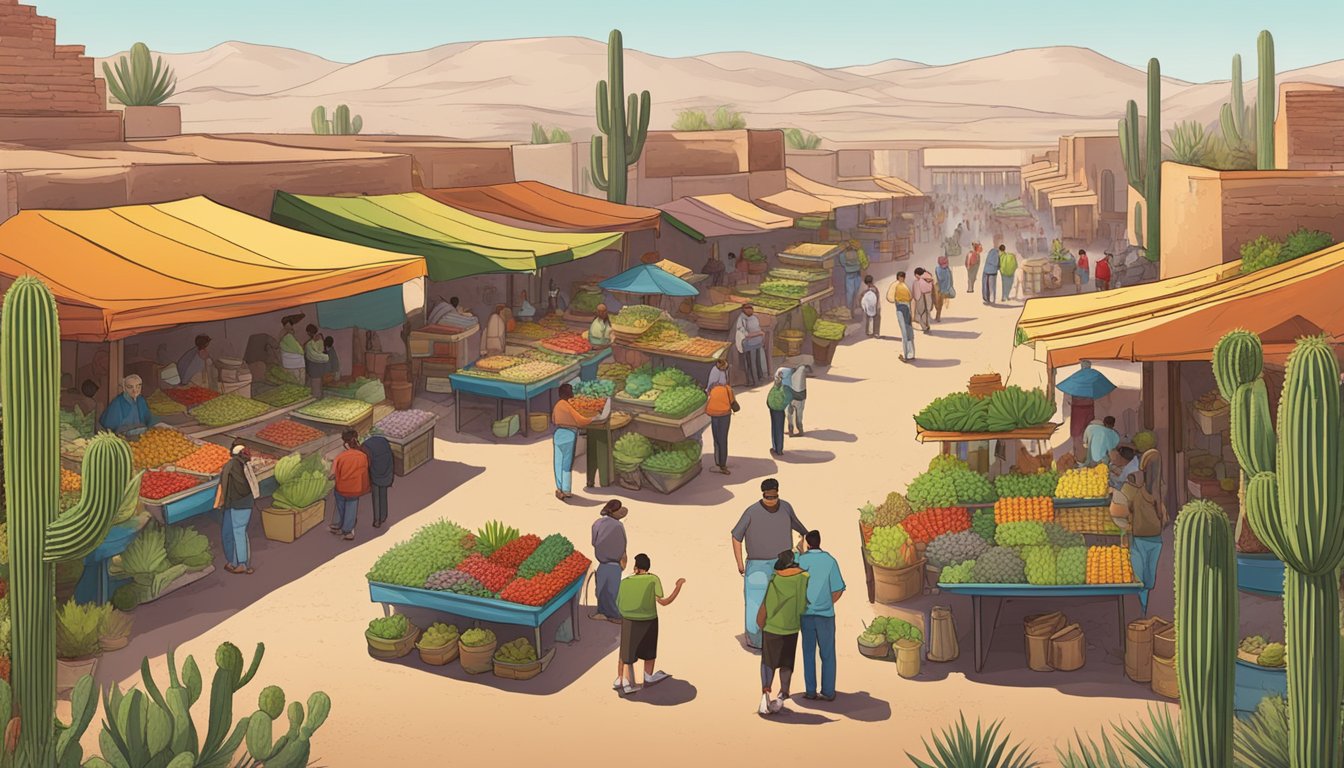 A bustling desert marketplace with colorful stalls selling cactus, agave, and chiltepin peppers, while the air is filled with the aroma of sizzling carne asada and fresh lime