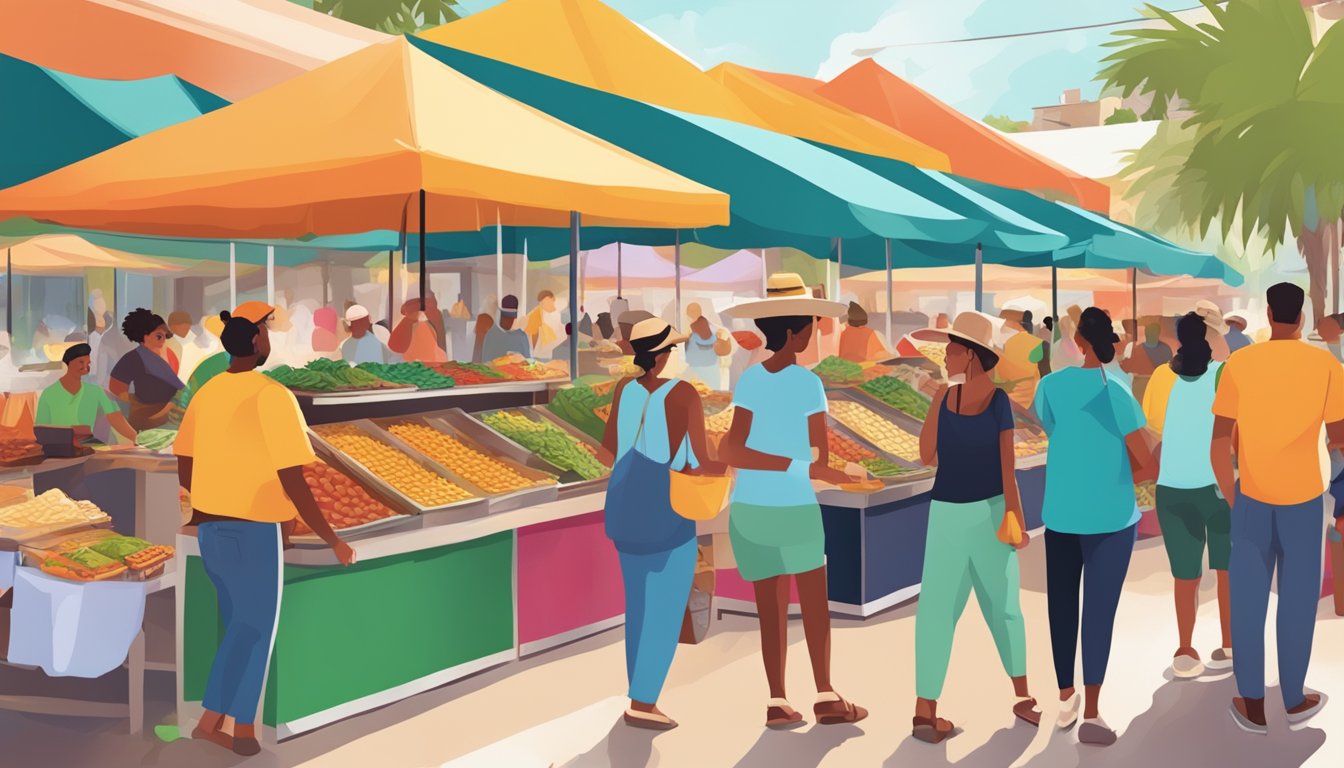 A bustling outdoor market with colorful food stalls and diverse people enjoying tacos in Florida's cultural melting pot