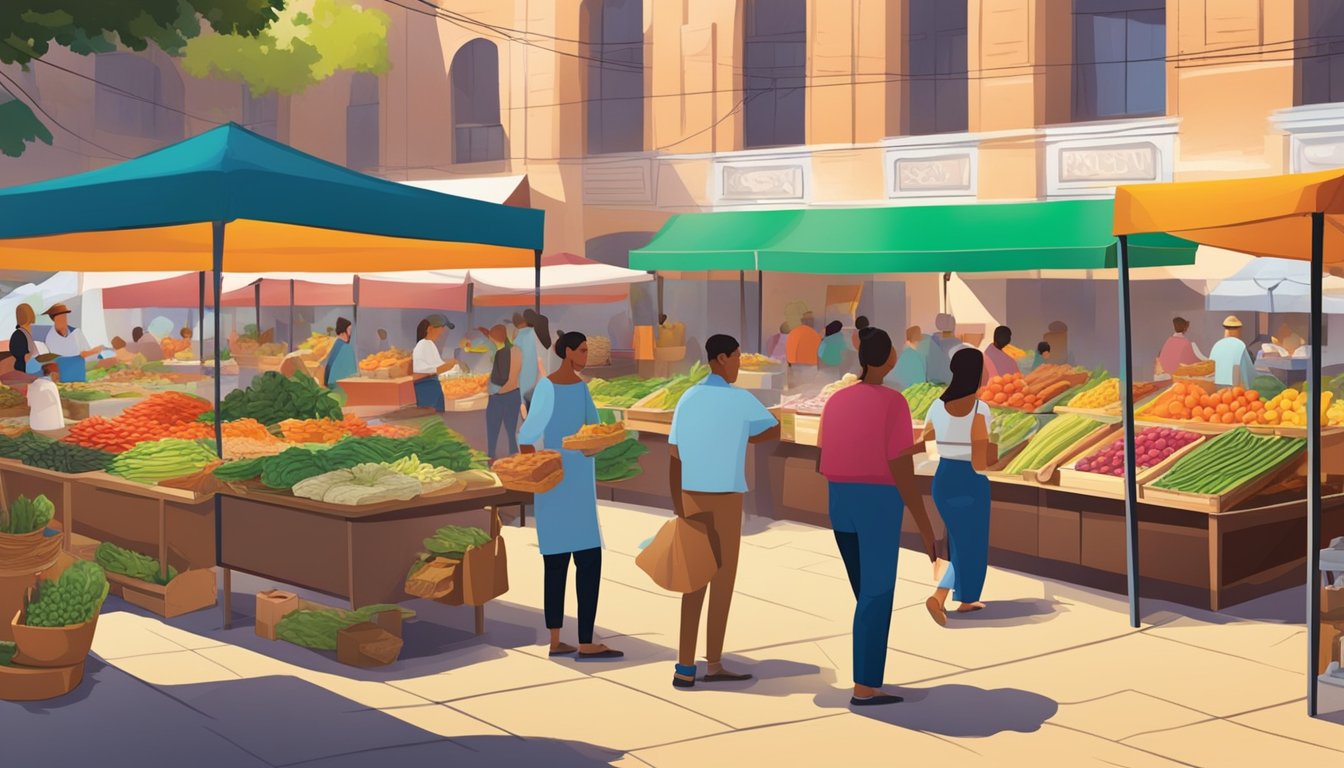 A bustling farmer's market with colorful stalls selling fresh produce and artisanal goods, while the aroma of sizzling tacos fills the air