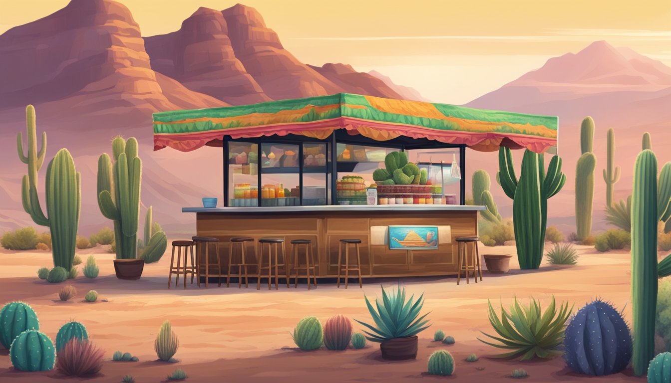 A desert landscape with a small, colorful taco stand surrounded by cacti and mountains in the background