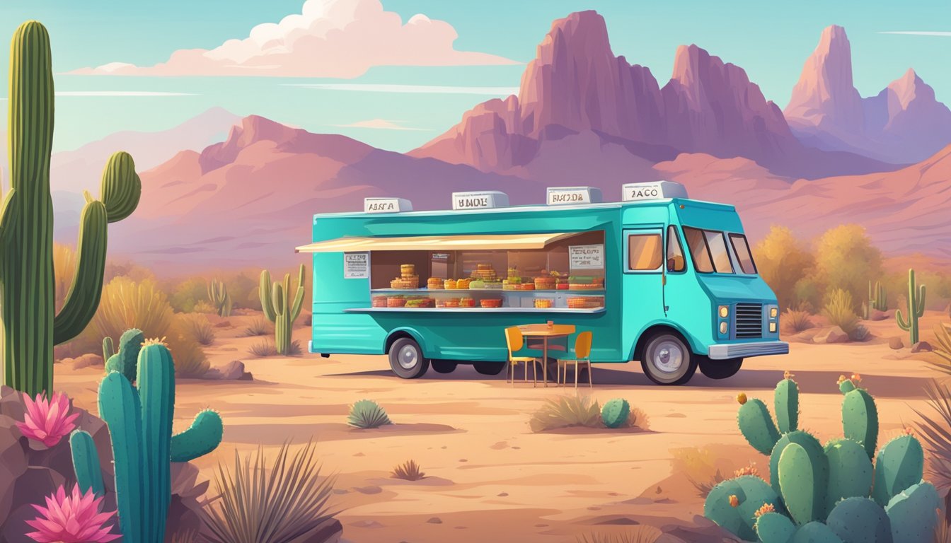 A colorful desert landscape with cacti and rocky mountains in the background, while a food truck serves up delicious tacos under the hot sun