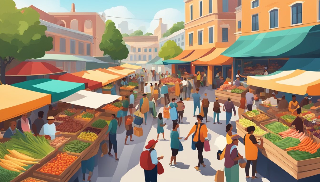 A bustling outdoor market with vendors selling fresh, colorful organic produce and sustainable meats, surrounded by diverse groups of people enjoying the vibrant cultural atmosphere