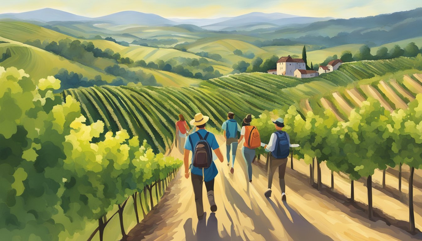 A group of people follow a guide through vineyards, while others explore the wine trails on their own, surrounded by rolling hills and grapevines