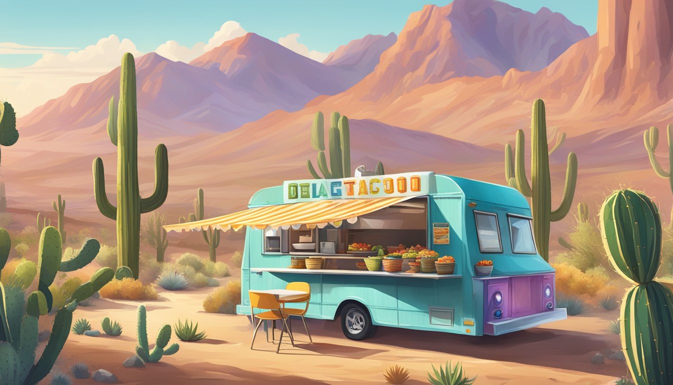 A desert landscape with a colorful food truck serving up delicious tacos, surrounded by cacti and mountains in the distance