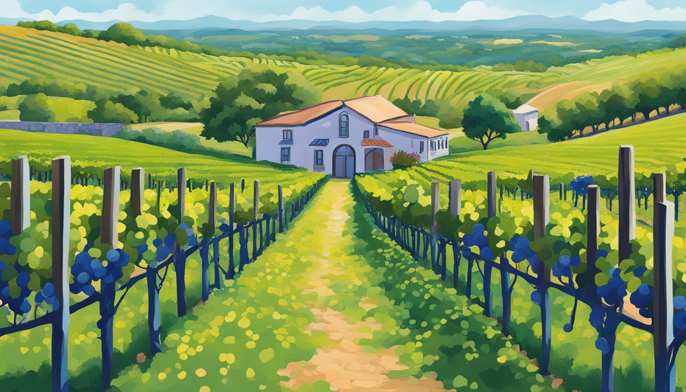 Vineyards in Texas bloom with vibrant colors, showcasing the February wine trails. The landscape is dotted with lush grapevines and rolling hills under a clear blue sky