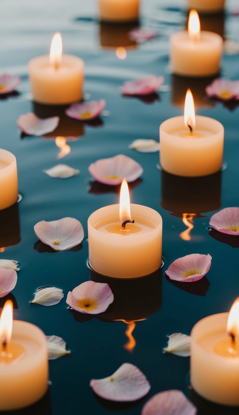 Flower petals and lit candles float on water, creating a serene and romantic wedding centerpiece
