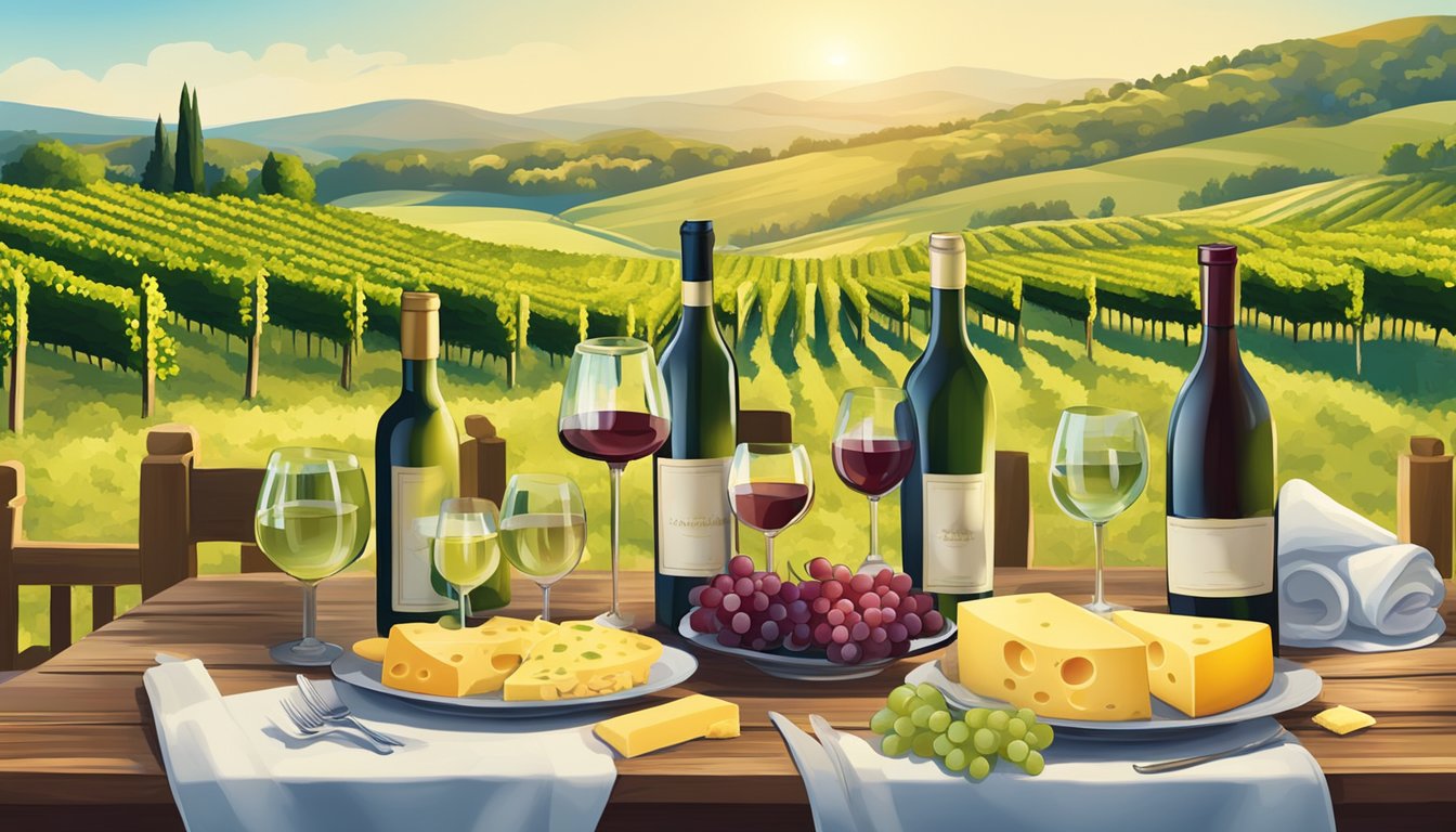 A rustic wooden table set with various wine glasses, bottles, and cheese plates, surrounded by lush vineyards and rolling hills under a clear blue sky