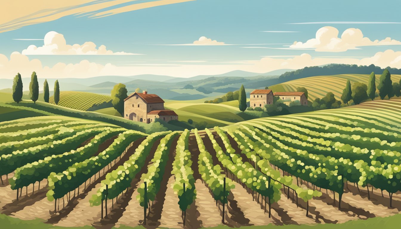 Rolling vineyard hills under a clear blue sky, with rows of grapevines stretching into the distance, and a rustic winery nestled among the trees