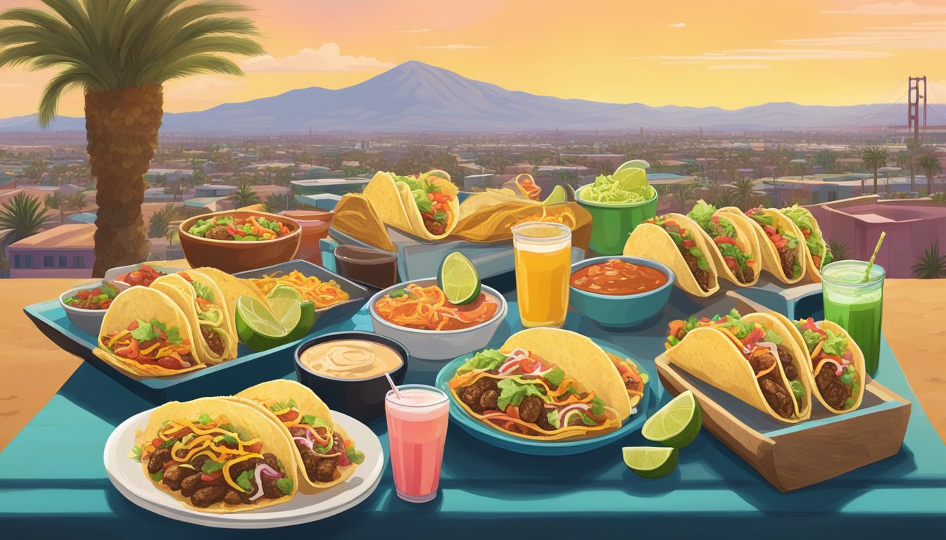 A table filled with colorful tacos and various beverages, set against a backdrop of California's desert cities