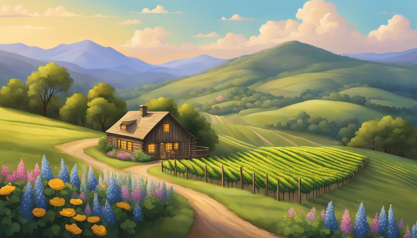 A cozy cabin nestled among rolling hills, surrounded by vineyards and blooming wildflowers, with a winding trail leading off into the distance