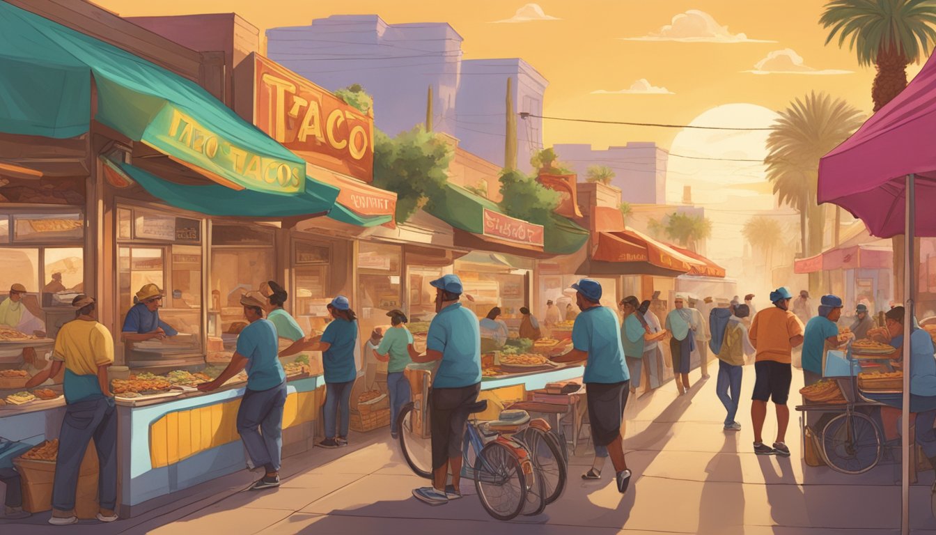 A bustling desert street lined with colorful taco shops and bustling chefs creating the best tacos in California's desert cities