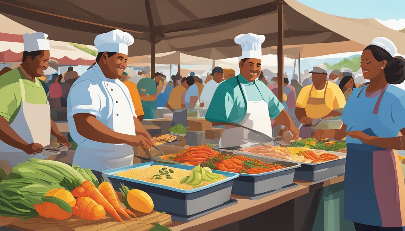 A bustling outdoor market with colorful stalls filled with fresh seafood, vibrant fruits and vegetables, and local spices. A chef expertly grills fish and prepares tacos while locals gather to enjoy the flavors of the region