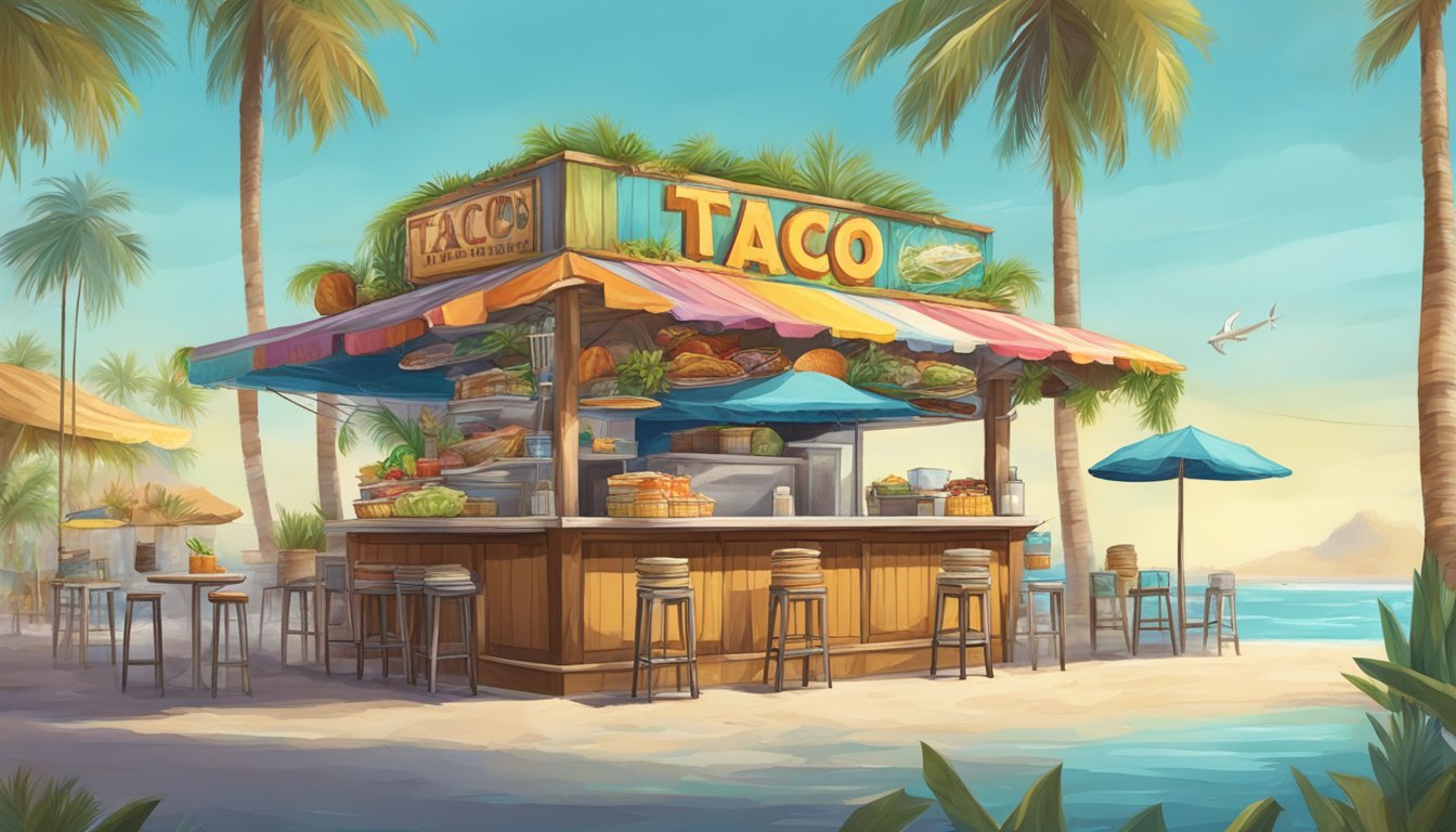 A colorful beachside taco stand with a variety of unique seafood tacos, surrounded by palm trees and fishing boats