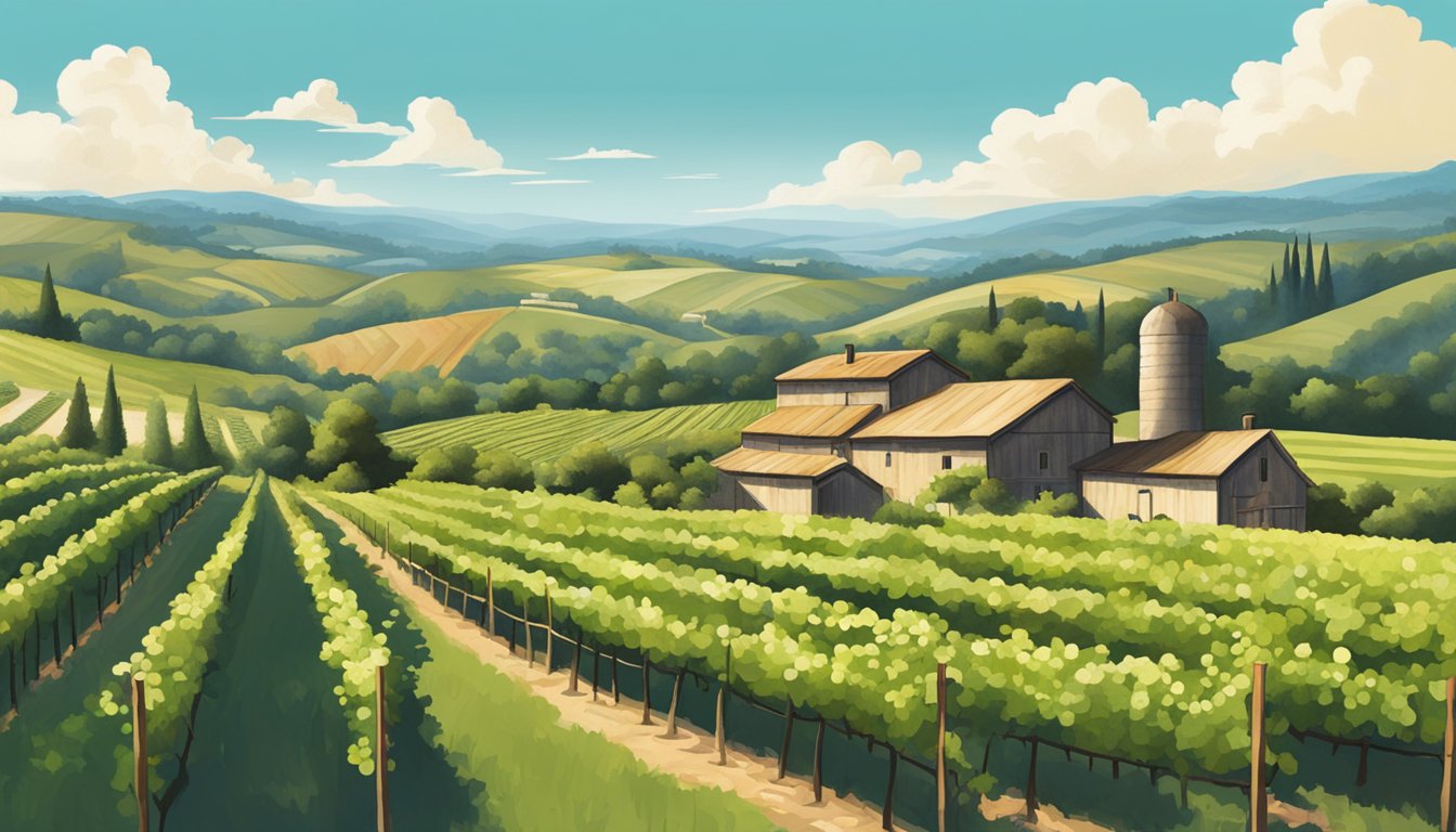 A rustic winery nestled among rolling hills, with rows of grapevines stretching into the distance under a clear blue sky